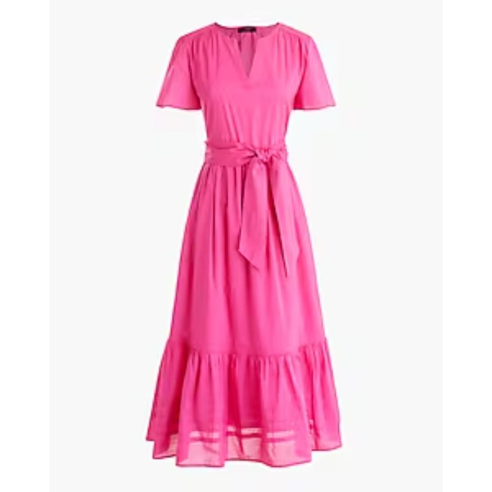 J.Crew Pink Cotton Tie-Waist Tiered Midi Dress Size 4 Preppy Cottagecore - Picture 2 of 11